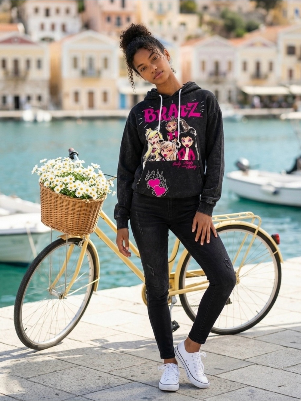 Bratz Graphic Pullover Hoodie - Black with Pink Print